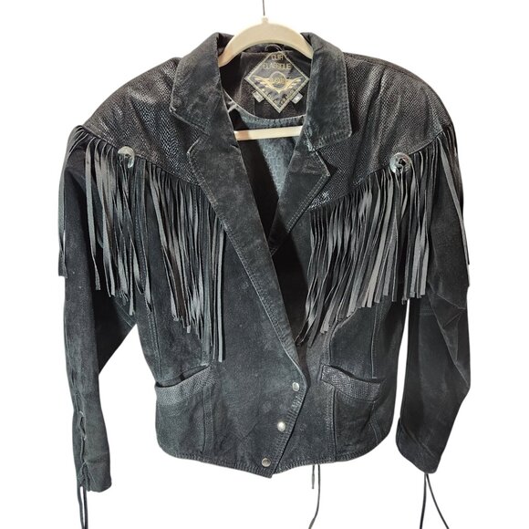 VINTAGE IOU Women's Black Leather Moto Jacket Fringe Conchos Corset Fit in Back - Picture 1 of 12